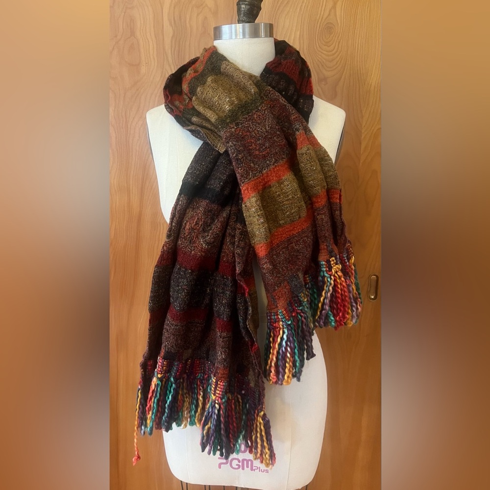 Coldwater Creek large Cozy Multicolor Plaid Scarf with rainbow fringe